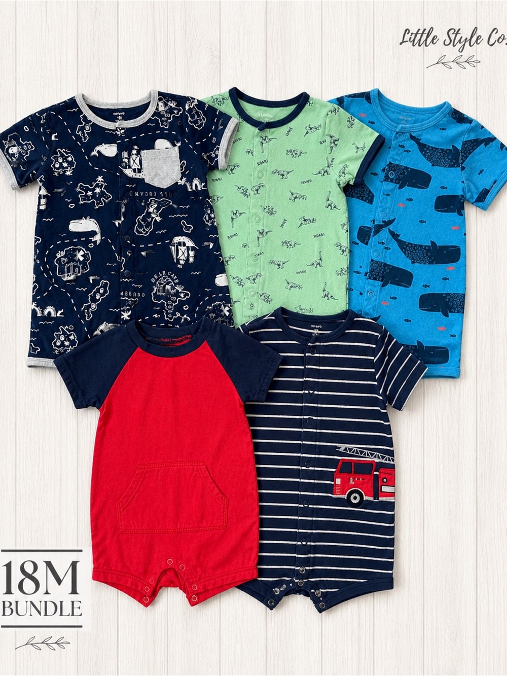 Carter’s 18M Baby Boy Outfit Bundle 5pc Summer Rompers Whale Dino Firetruck